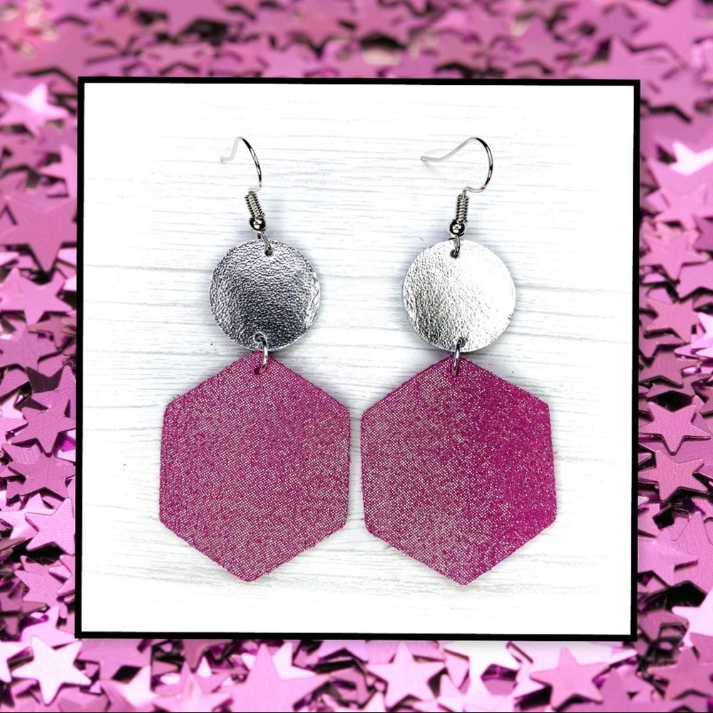 Pink Dazzle Shimmer Hexagon Leather Earrings